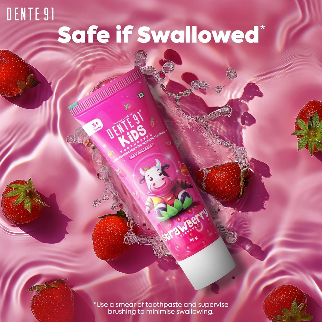 Dente91 Kids Toothpaste Protects Against Dental Caries & Hypersensitivity Fluoride Free Strawberry Flavour | Grocsy