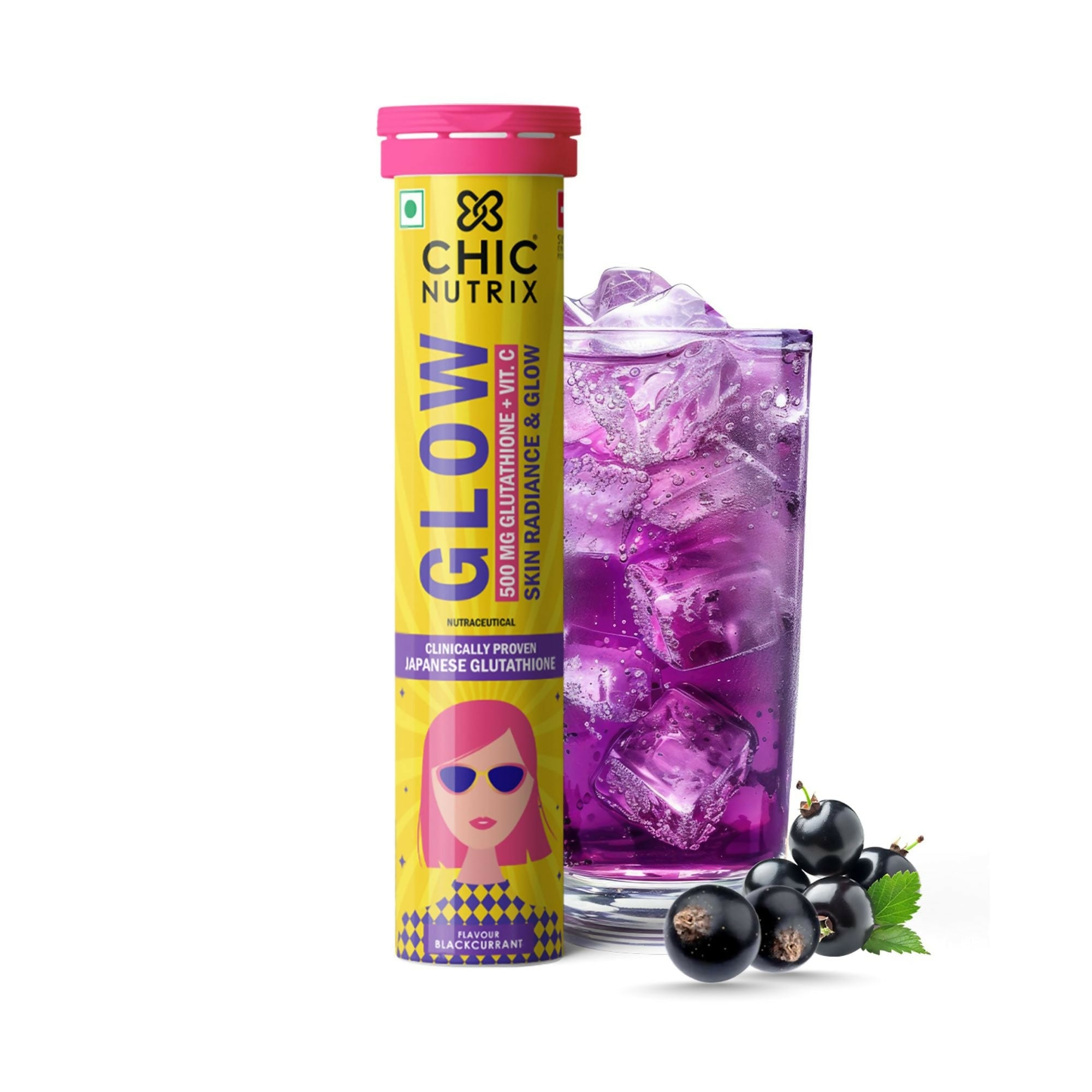 Chicnutrix Glow 500mg Effervescent Tablets - Black Currant Flavour Antioxidants For Clear, Glowing Skin | Grocsy