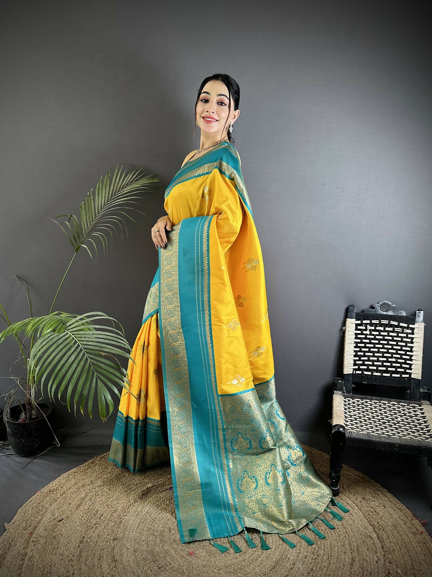Joban Fashion Yellow Banarasi Soft Silk Woven Saree | Grocsy