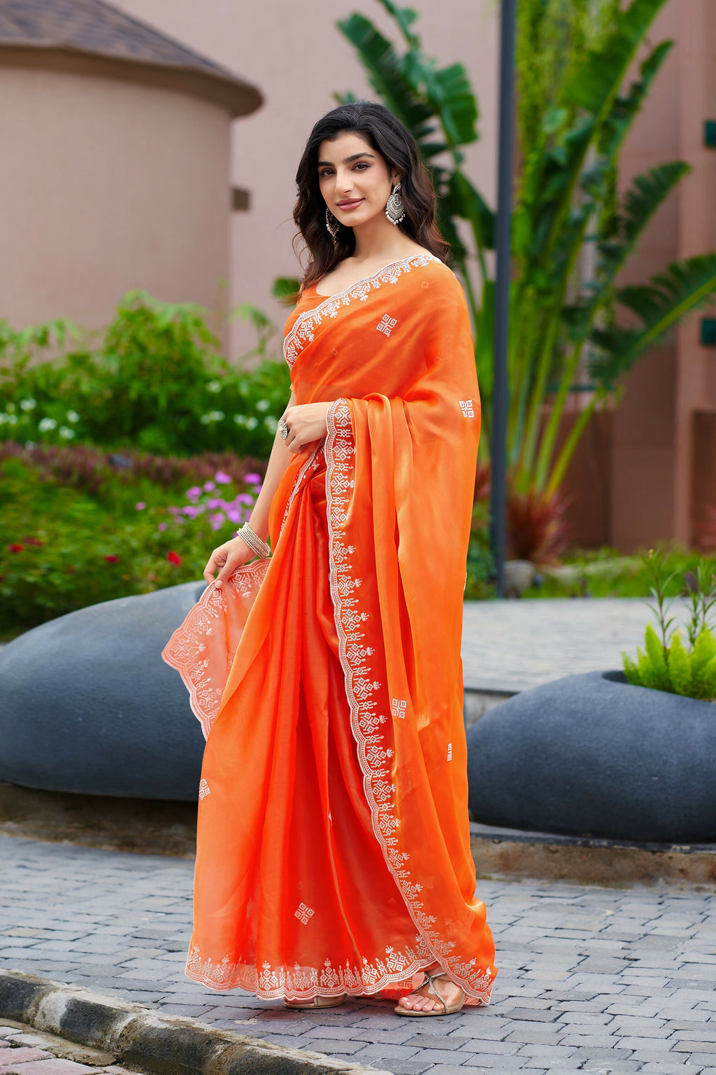 Vastranavya Orange Embroidery Work Shimmer Chiffon Saree with Unstitched Blouse | Grocsy