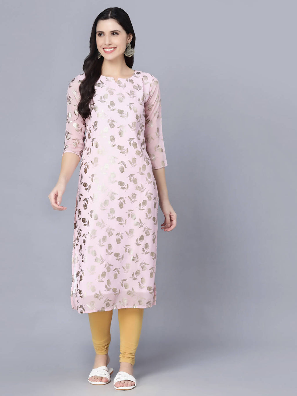 Myshka Women Pink Floral Printed Gotta Patti Georgette Kurta | Grocsy