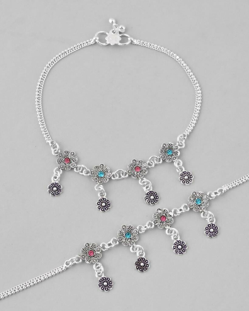 VOJ Set of 2 Silver Plated Flower Shaped Meenakari Anklet | Grocsy