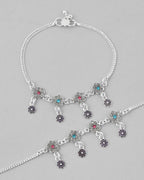 VOJ Set of 2 Silver Plated Flower Shaped Meenakari Anklet | Grocsy