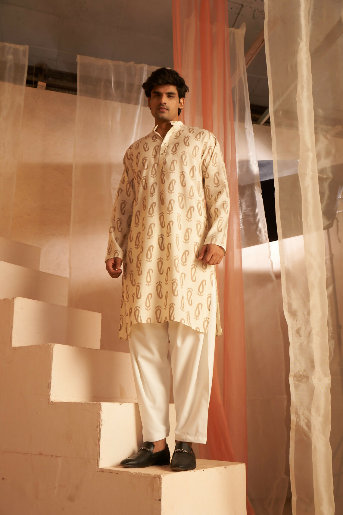 Off White Modal Silk Designer Printed Men's Kurta Set - Mahotsav | Grocsy