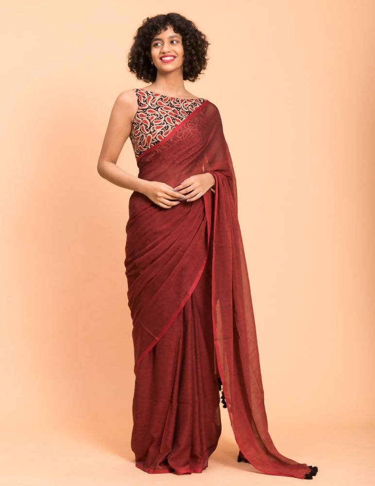 Suta Maroon Solid Cotton Blend Saree | Grocsy
