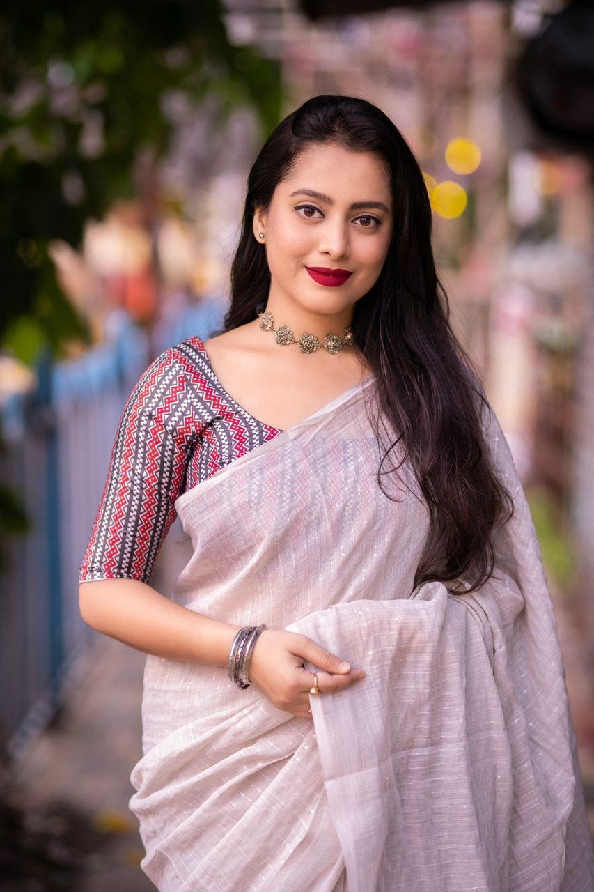 Grey Linen Sequence Saree with Unstitched Blouse - Hiral Fashion | Grocsy