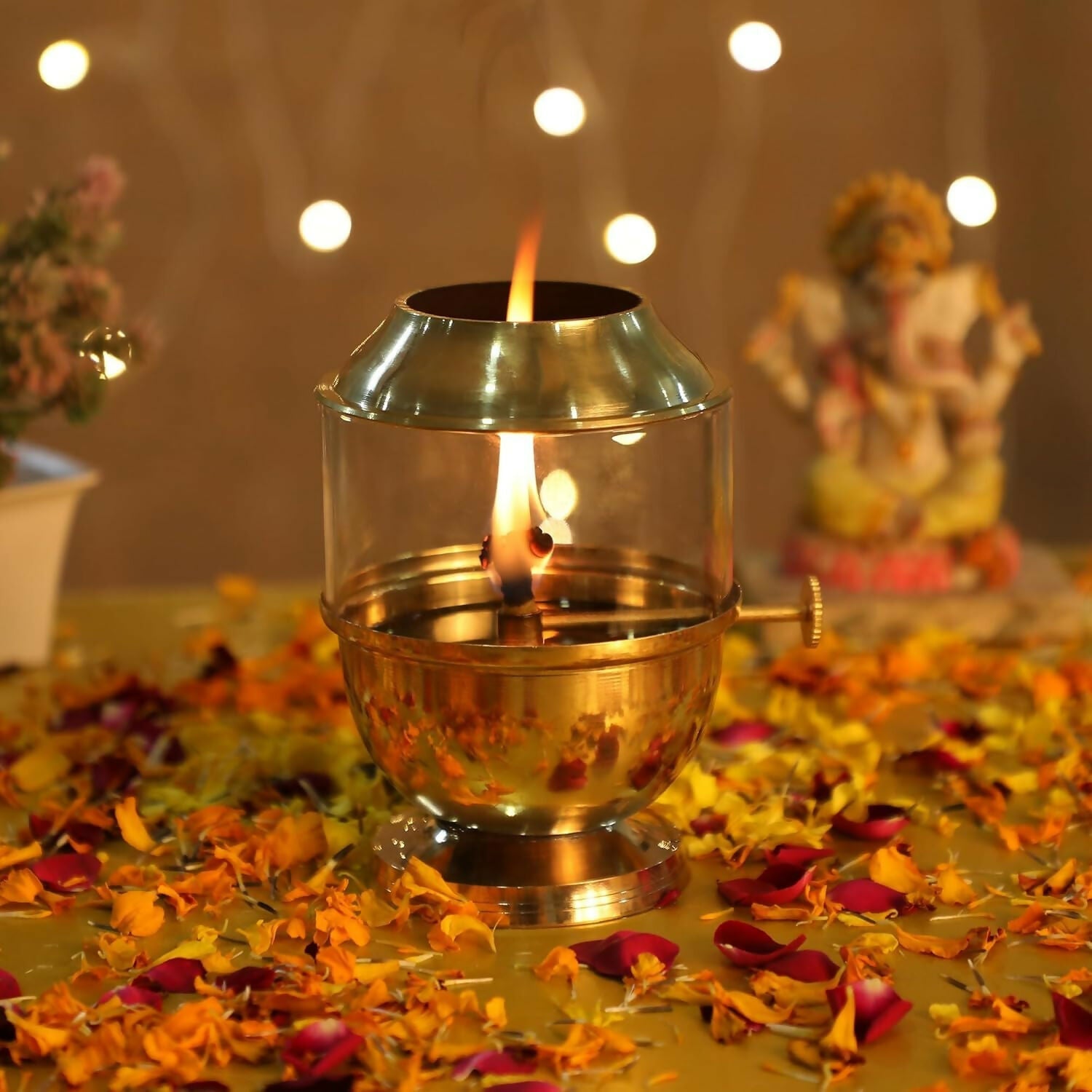 Not Available Pure Brass Akhand Jyot Diya with Borosilicate Glass Cover | Grocsy