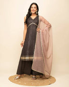 FIORRA Women's Black Lurex Cotton Straight Kurta Pant With Dupatta | Grocsy