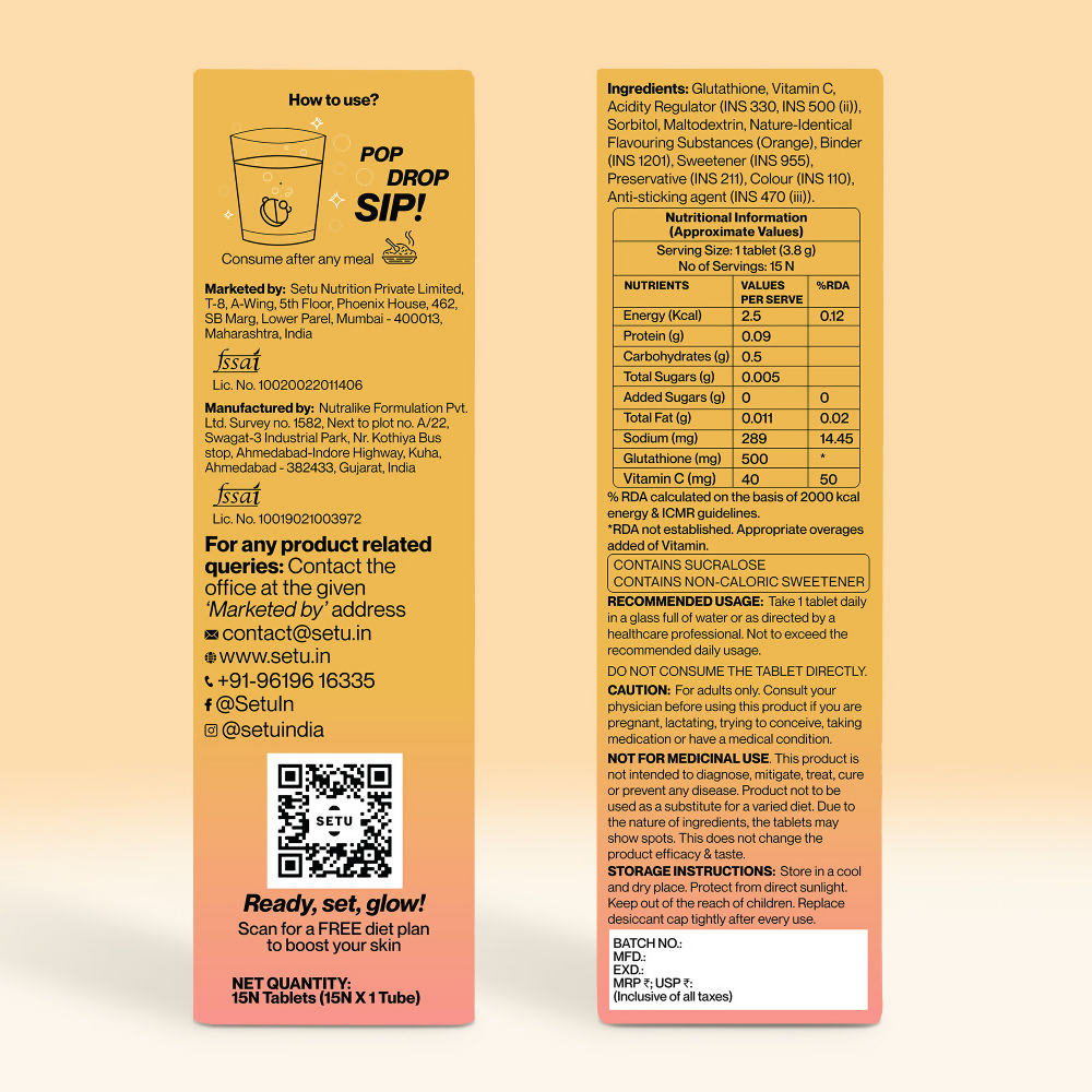 Setu Skin Renew Glutathione With Vitamin C Effervescent Tablets - Orange Flavor | Grocsy