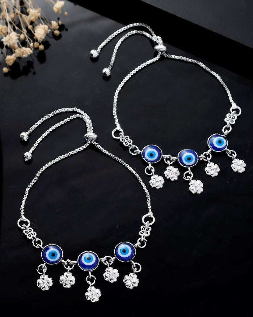 VOJ Set Of 2 Silver Plated Evil Eye Handcrafted Anklets | Grocsy