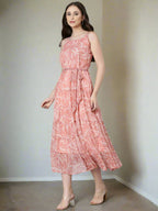 Souchii Peach Floral Fit & Flare Maxi | Grocsy