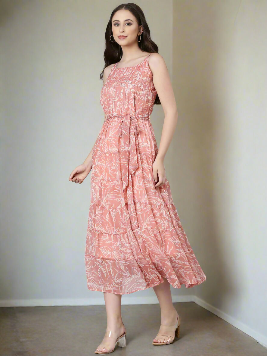 Souchii Peach Floral Fit & Flare Maxi | Grocsy