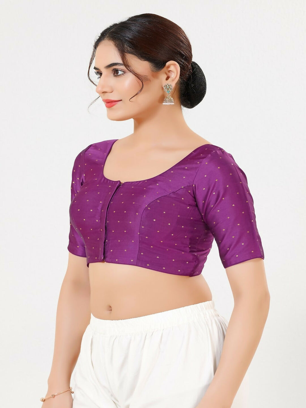 Joban Fashion Purple Taffeta Silk Elbow Sleeveless Front Open Blouse | Grocsy