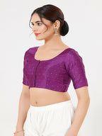 Joban Fashion Purple Taffeta Silk Elbow Sleeveless Front Open Blouse | Grocsy
