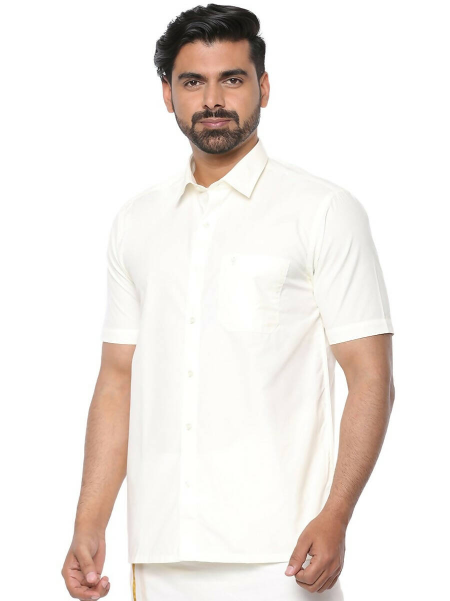 Ramraj Cotton Mens Poly Cotton Cream Colour Half Sleeve Shirt | Grocsy