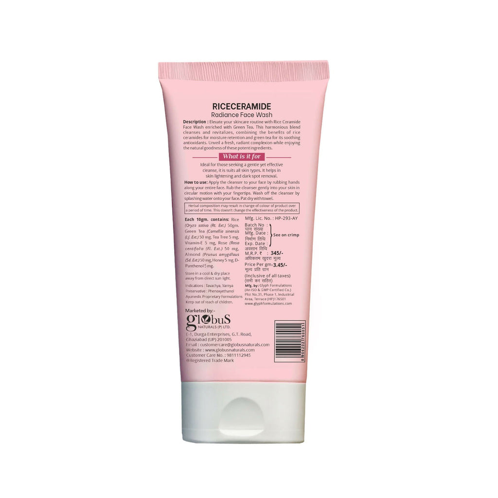 Globus Naturals Rice Ceramide Face Wash For Hydrated Glow, Enriched with Green Tea & Vitamin E | Grocsy