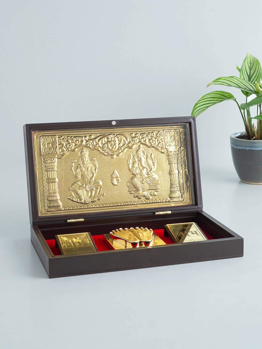 Golden Peacock Brown & Gold-Toned 24 Ct Gold Foil Laxmi And Ganesh Pooja Box | Grocsy