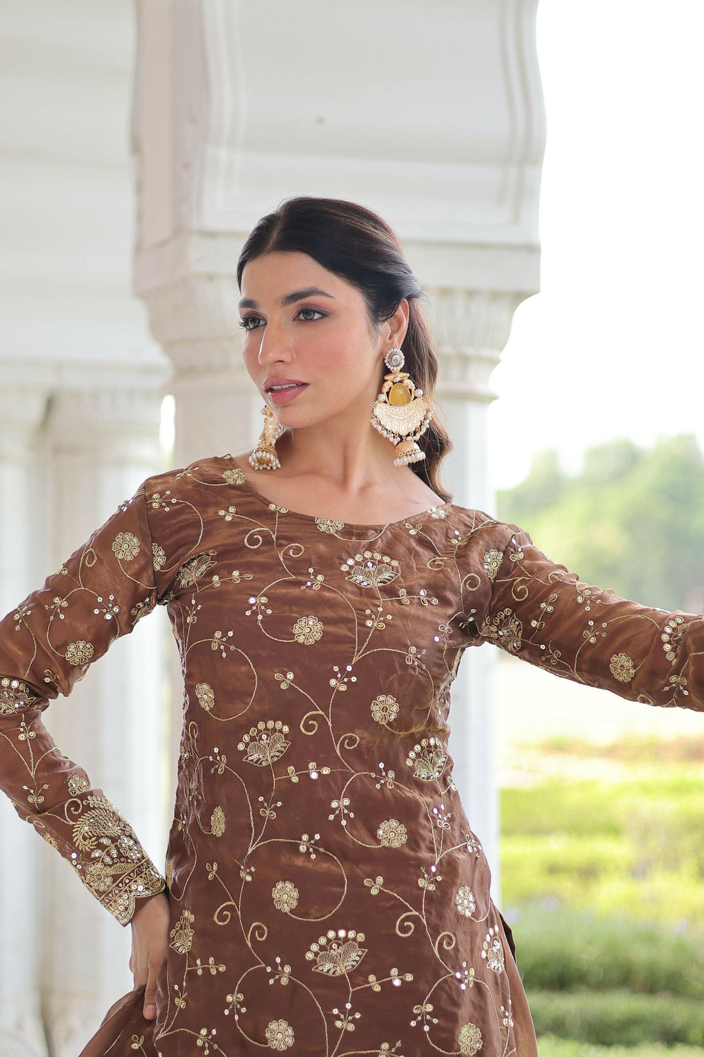 Joban Fashion Coffee Readymade Kurta Set With Sequence embroidery Work | Grocsy