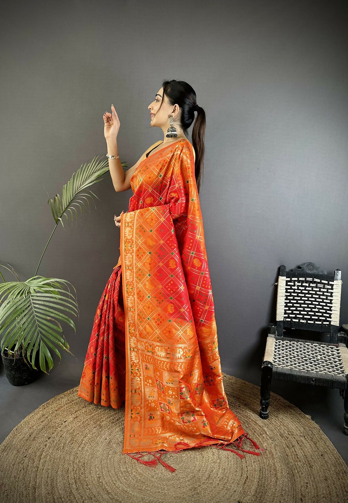 Joban Fashion Orange Geometric Pattern Soft Silk Patola Saree | Grocsy