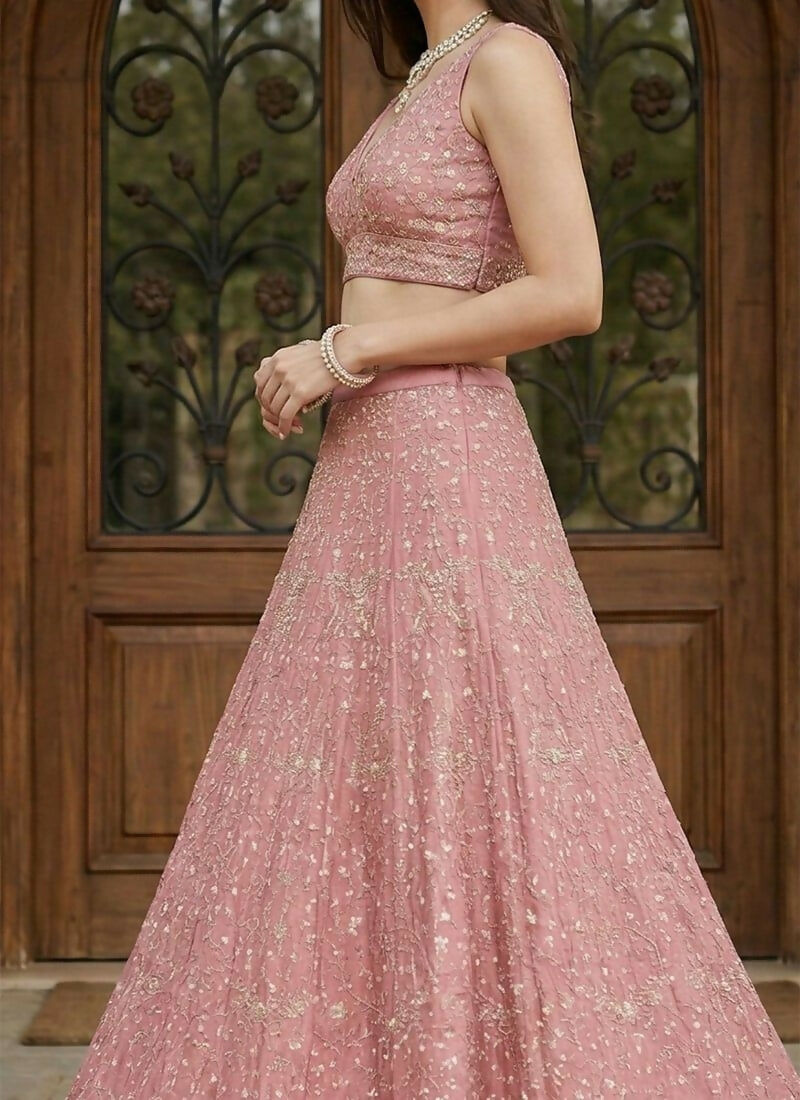 Lehenga Mart Pink Peach Malai Satin Silk Designer Bollywood Style Wedding Wear Lehenga Choli | Grocsy