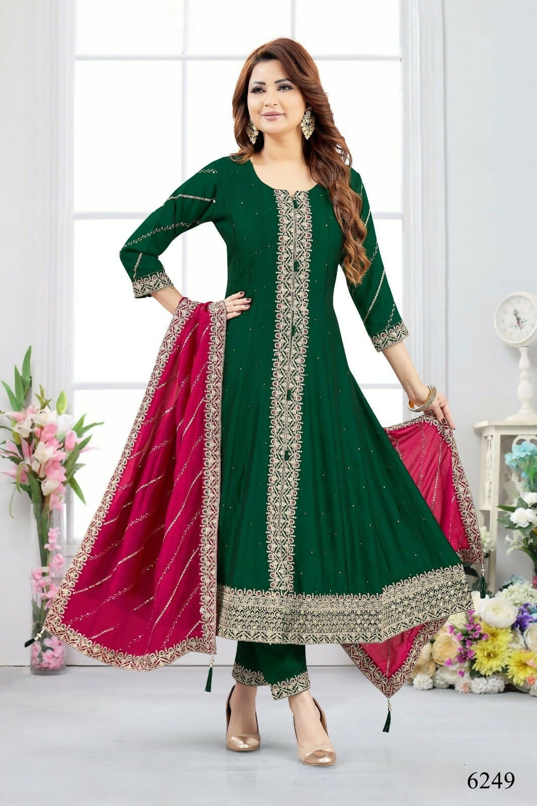 Joban Fashion Chanderi Dark Green Color Kurta Set | Grocsy