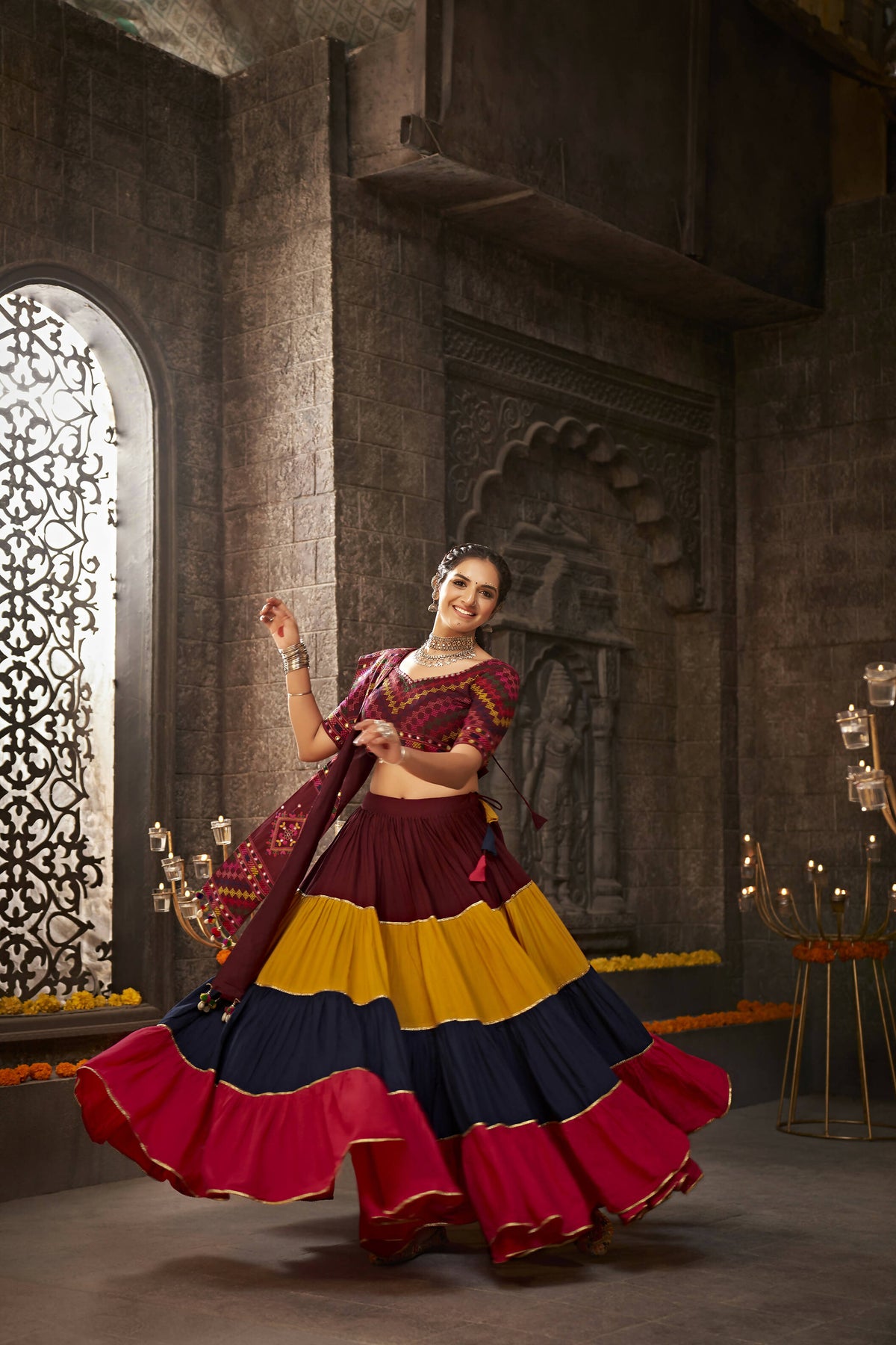 Multi Color Viscose Rayon Thread Embroidered Navratri Lehenga Choli with Dupatta - Raas | Grocsy