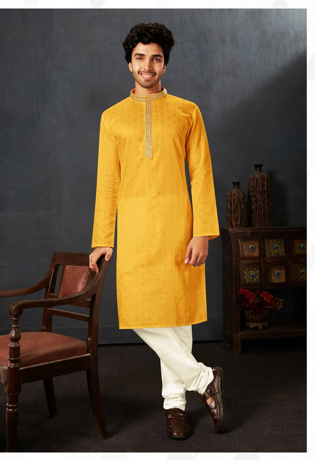 Joban Fashion Yellow Cotton Kurta Pyjama | Grocsy