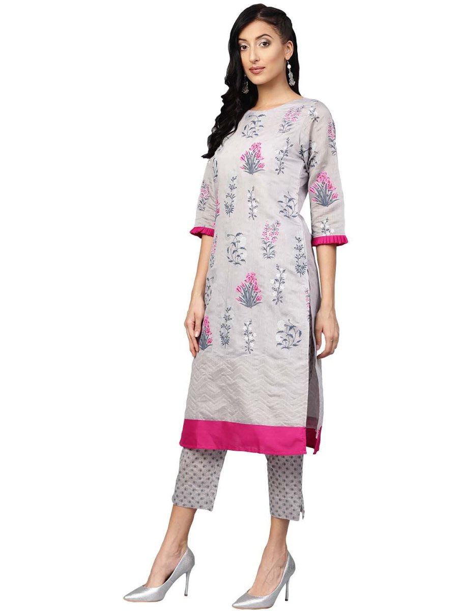 Ahalyaa Women Grey Chanderi Silk Printed Kurta Pant Set | Grocsy