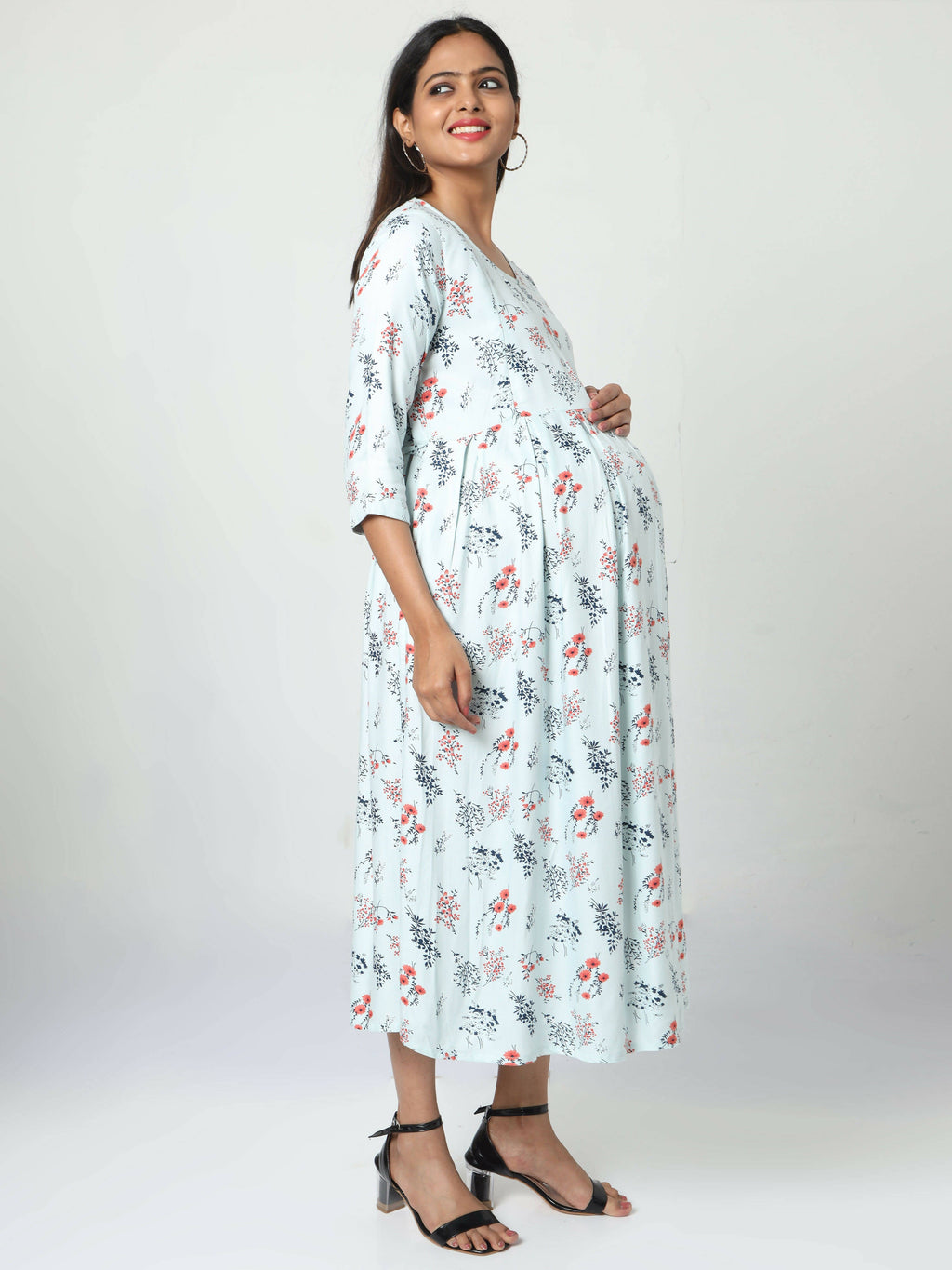 Manet Three Fourth Maternity Dress Floral Print With Concealed Zipper Nursing Access - Pista Green | Grocsy