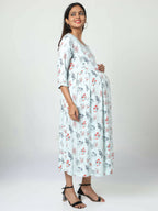 Manet Three Fourth Maternity Dress Floral Print With Concealed Zipper Nursing Access - Pista Green | Grocsy
