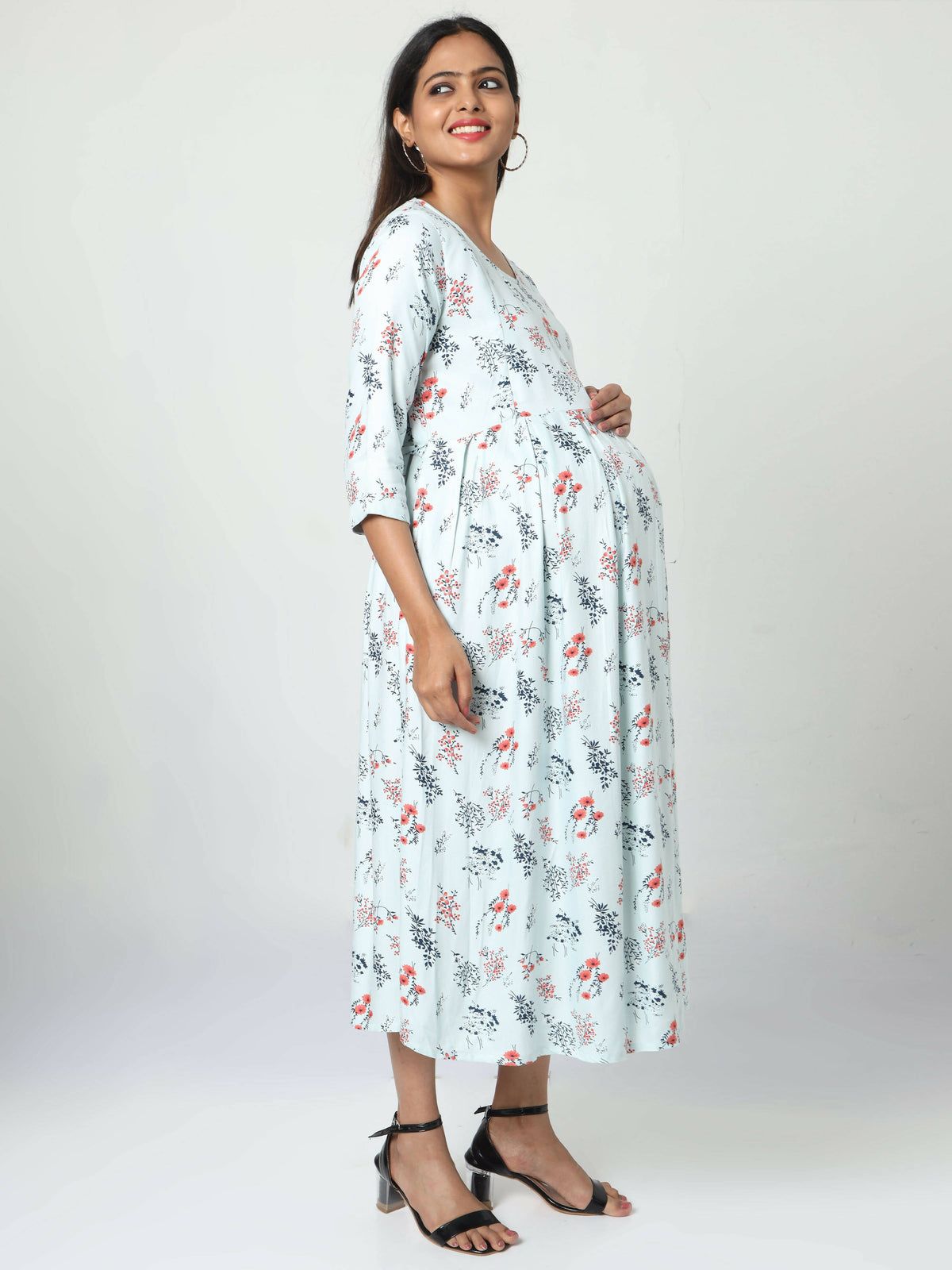 Manet Three Fourth Maternity Dress Floral Print With Concealed Zipper Nursing Access - Pista Green | Grocsy