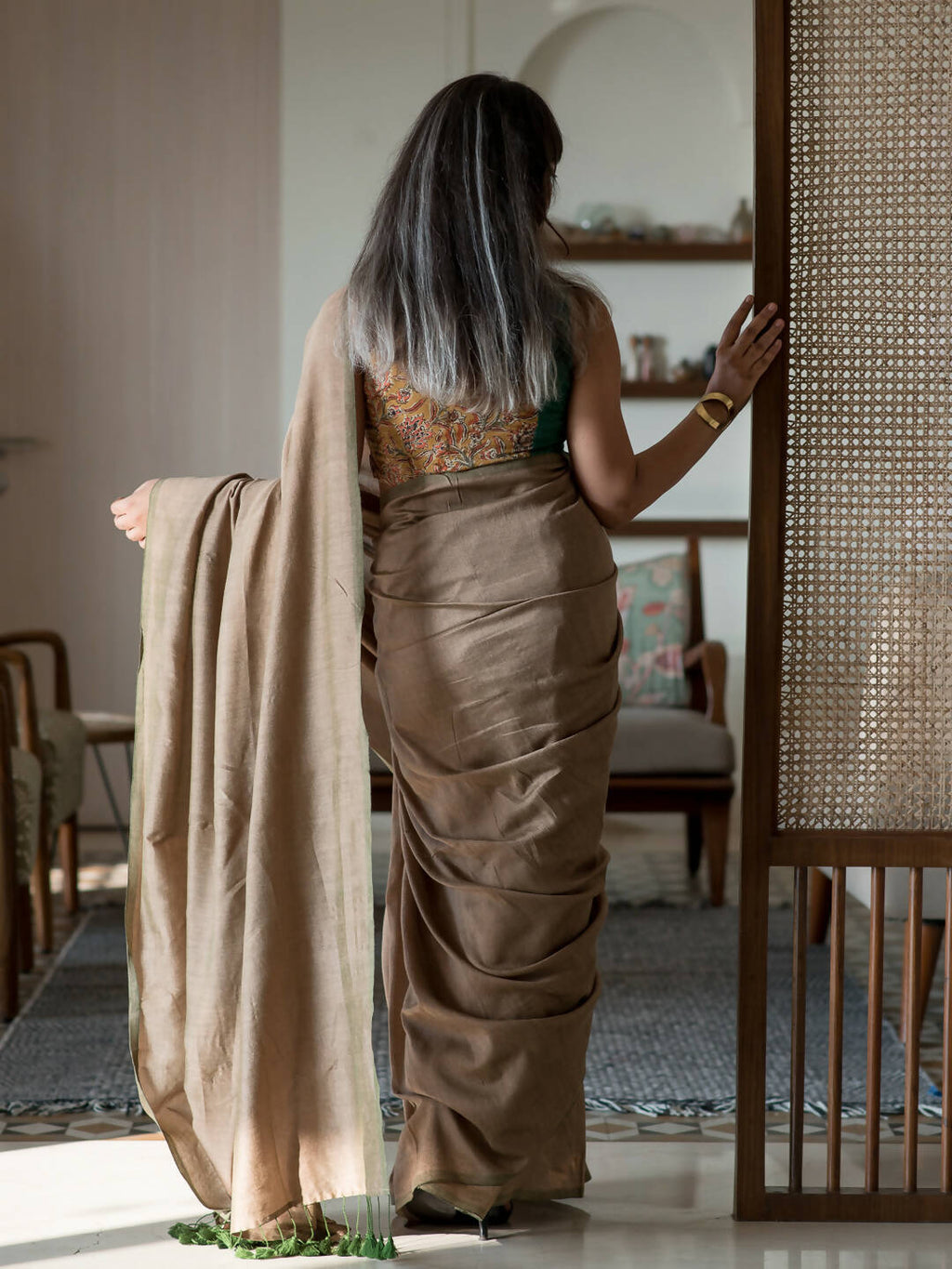 Suta Taupe Solid Cotton Blend Saree | Grocsy