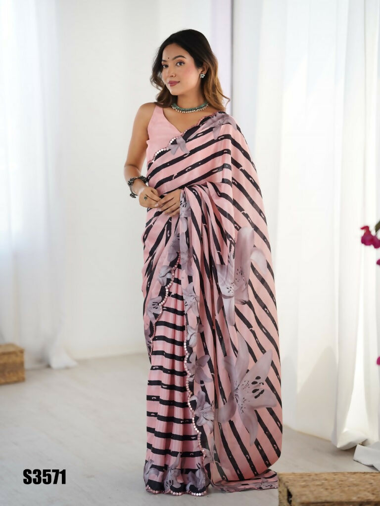 Pink Chinon Designer Digital Printed,Mirror Cut Work Saree - Manvika | Grocsy