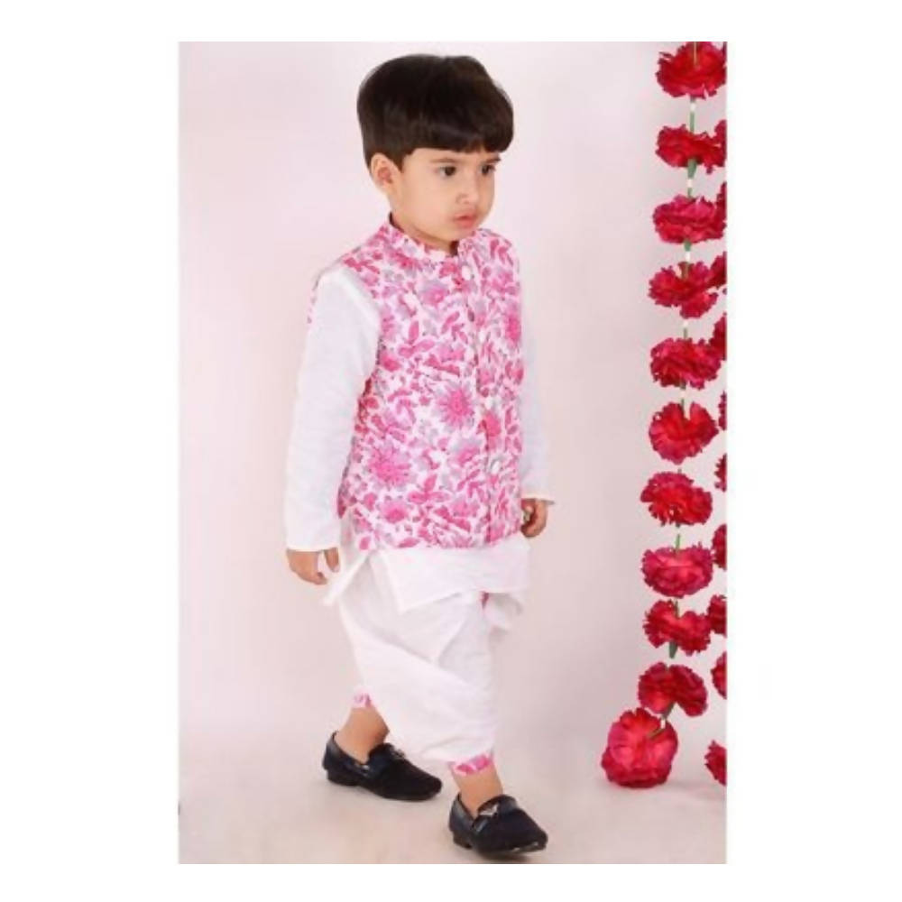 Little Bansi Boys Pink and White Color Bengali Kantha work floral Jacket with Kurta and Dhoti | Grocsy