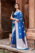 Joban Fashion Blue Banarasi Katan Pure Handloom Banarasi Silk Saree | Grocsy