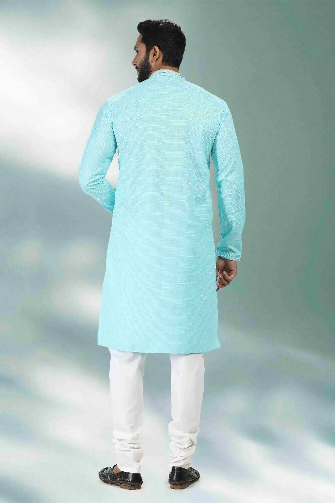 Raivat Ethnic Linen Cotton Pintux Work Kurta Pajama In Sky Blue Colour | Grocsy