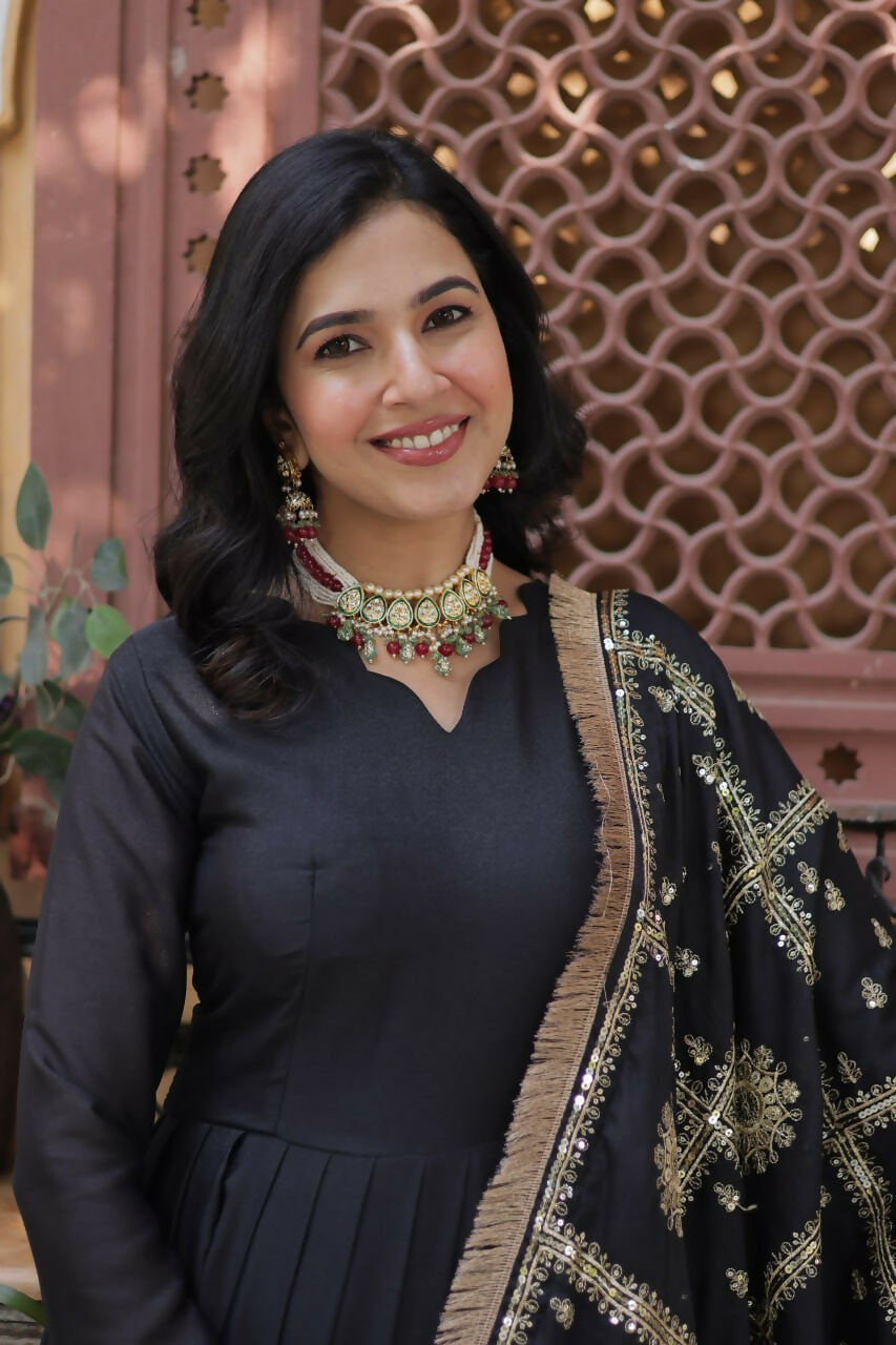 Vastranavya Star Georgette with Embroidery Zari Sequins-work Gown & Dupatta - Black | Grocsy