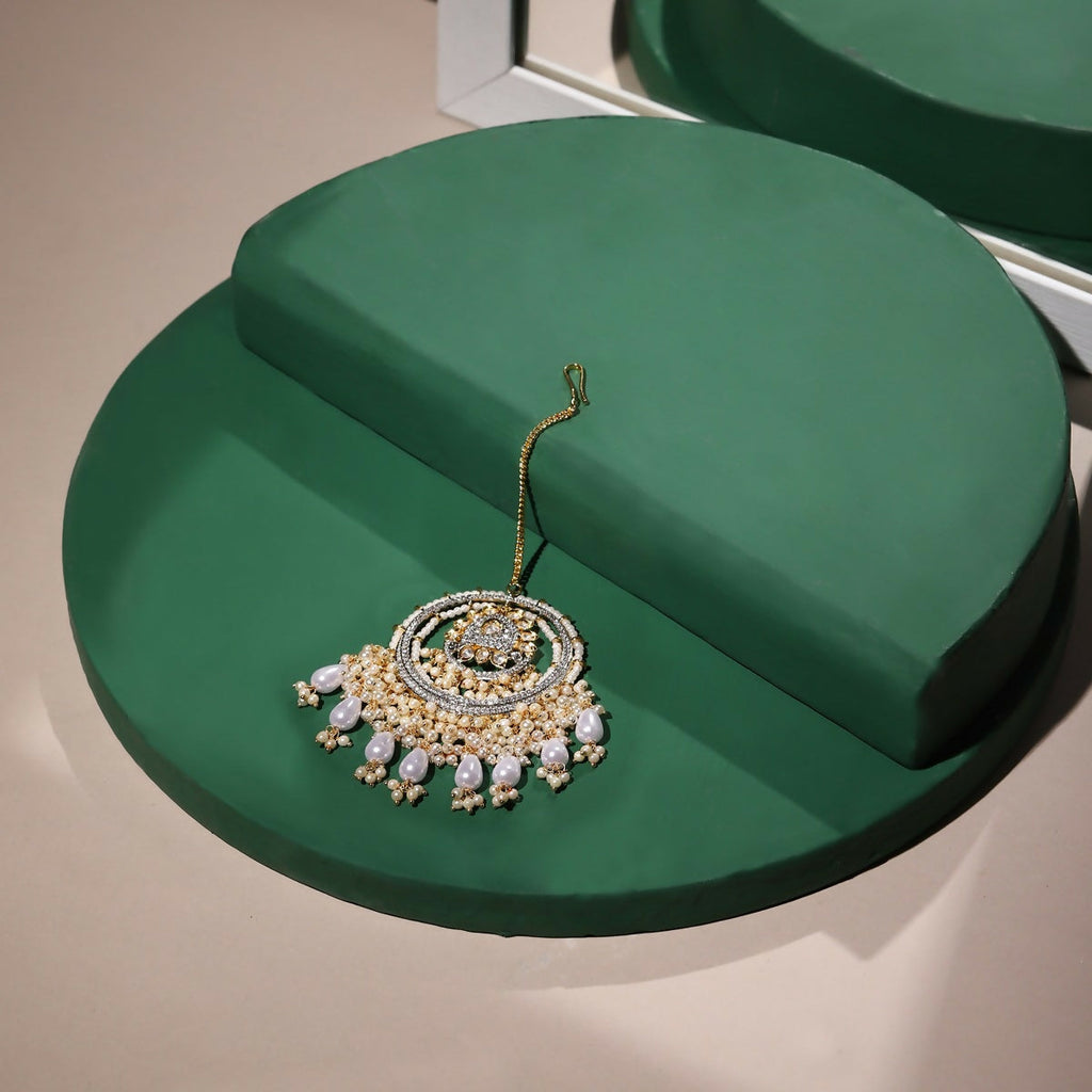Kundan Chand Maang Tikka with Pearl Drops - Ruby Raang | Grocsy
