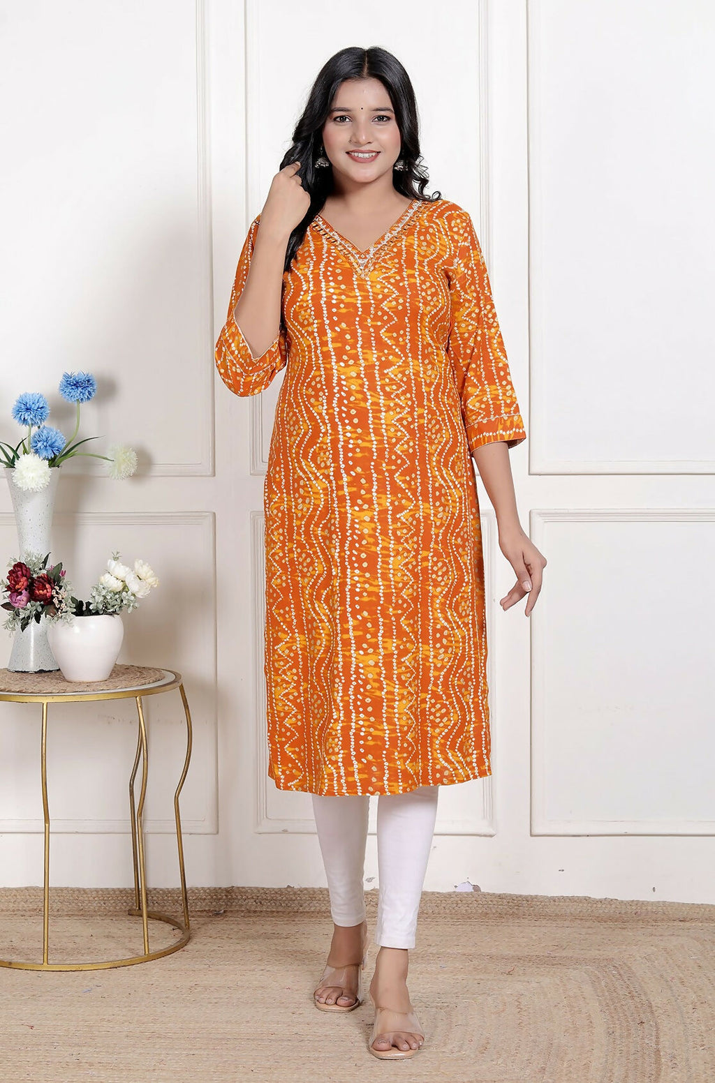 Miravan Womens Yellow Bandhani Printed Straight Kurti | Grocsy