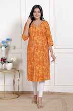 Miravan Womens Yellow Bandhani Printed Straight Kurti | Grocsy