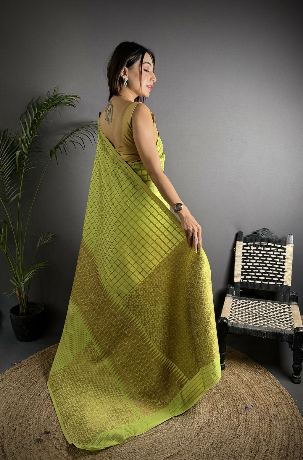 Joban Fashion Light Green Banarasi Soft Lichi Silk Checks & Woven Saree | Grocsy