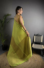Joban Fashion Light Green Banarasi Soft Lichi Silk Checks & Woven Saree | Grocsy