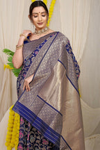 Jyoti Fashion Women's Navy Blue Kanjivaram Silk Zari Woven Saree with Blouse | Grocsy