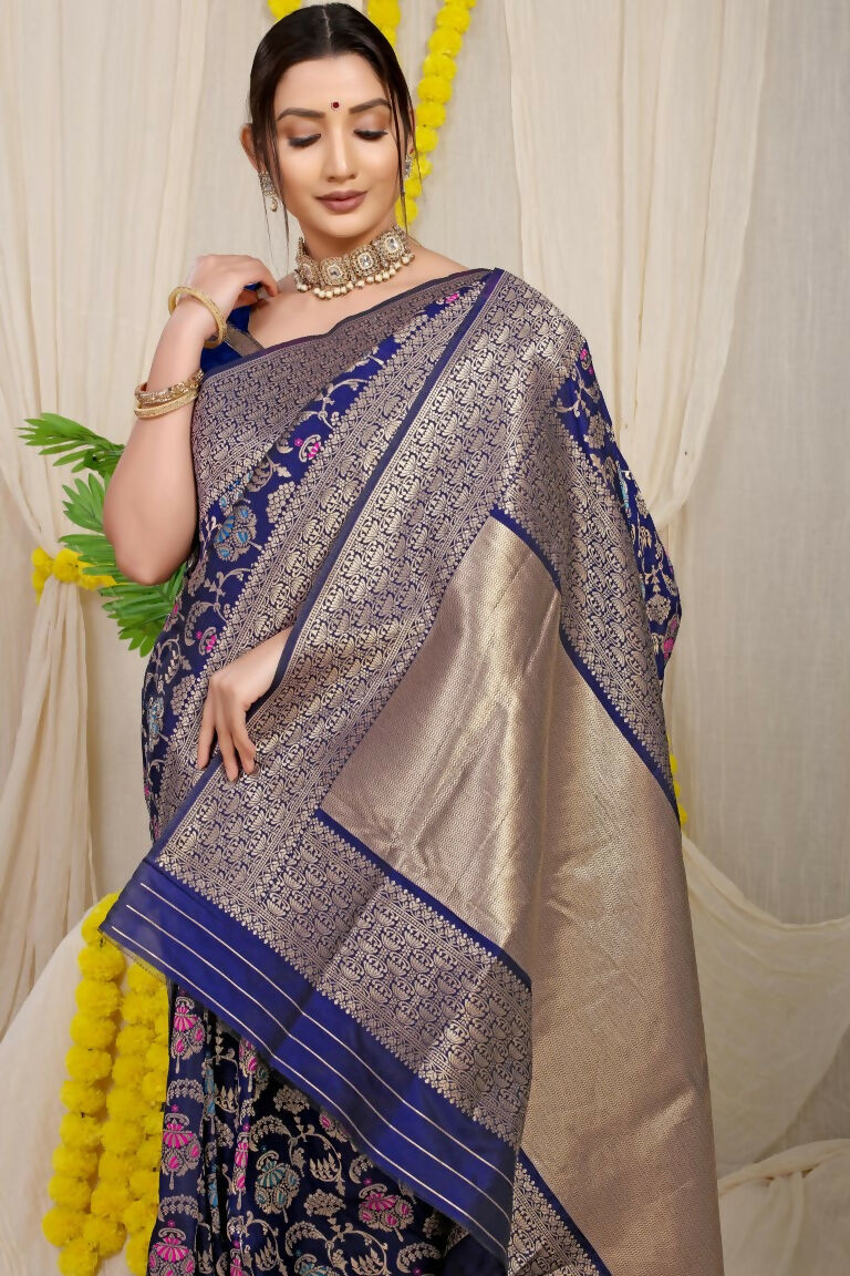 Jyoti Fashion Women's Navy Blue Kanjivaram Silk Zari Woven Saree with Blouse | Grocsy