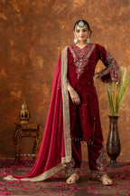 Teeya Creation Red Color Velvet Silk Embroidery Work Party Wear Suit | Grocsy