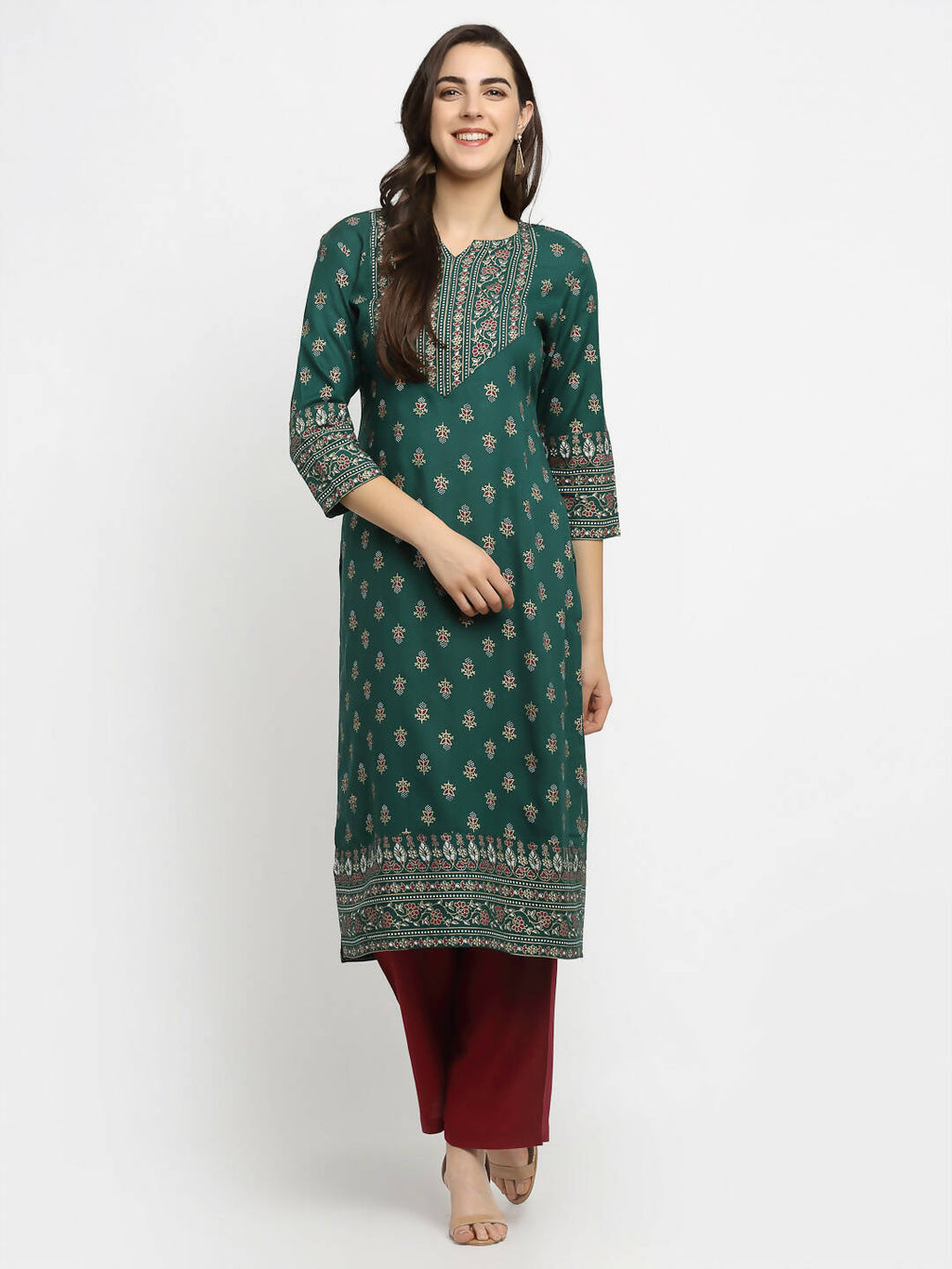 Rudra Bazaar Green Printed Yoke Designed Straight Kurta with Maroon Pyjamas | Grocsy