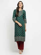 Rudra Bazaar Green Printed Yoke Designed Straight Kurta with Maroon Pyjamas | Grocsy
