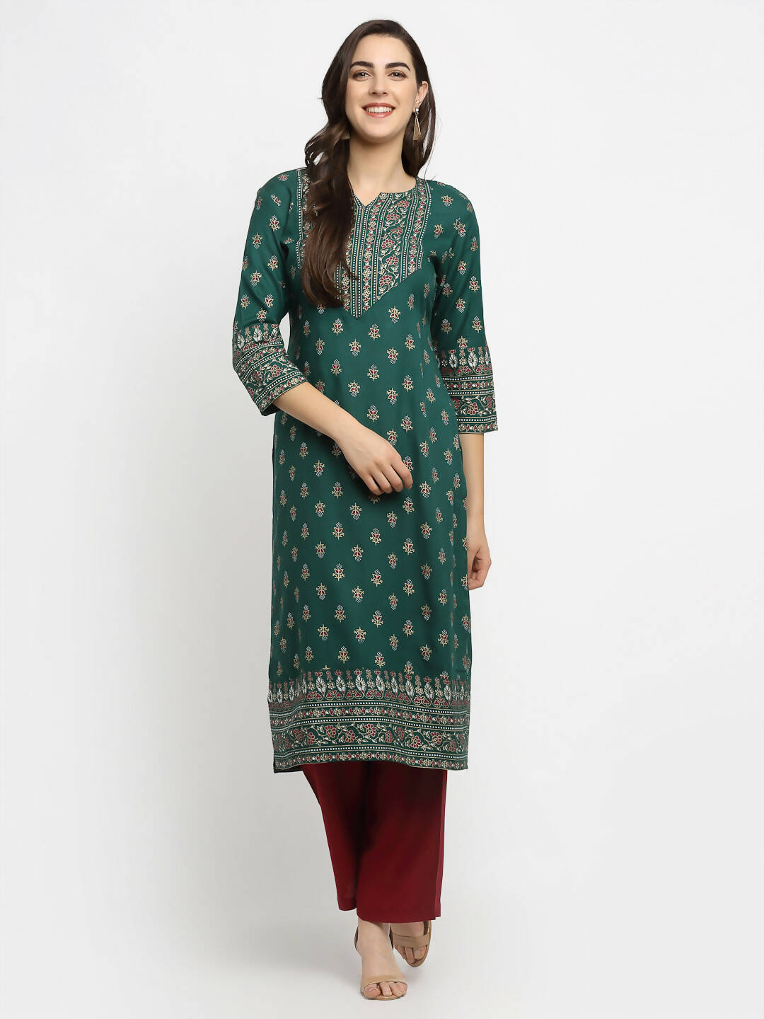 Rudra Bazaar Green Printed Yoke Designed Straight Kurta with Maroon Pyjamas | Grocsy