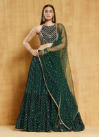 Jyoti Fashion Bottle Green Sequence Embroidery Georgette Designer Lehenga Choli with Dupatta | Grocsy