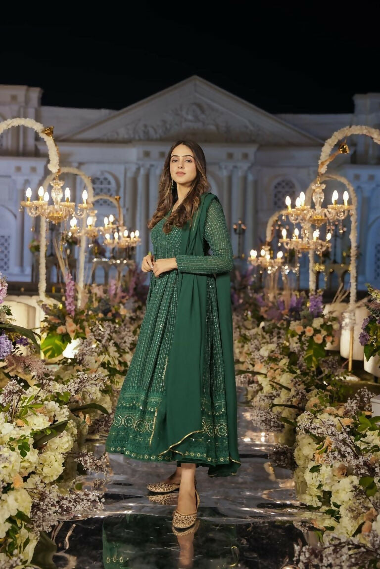 Jyoti Fashion Women's Green Faux Georgette Zari Embroidery with Sequence Anarkali Dress with Dupatta | Grocsy